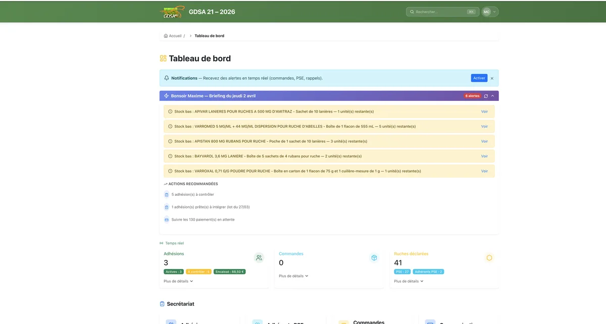 Tableau de bord Apilio — briefing quotidien, alertes stock et actions recommandées