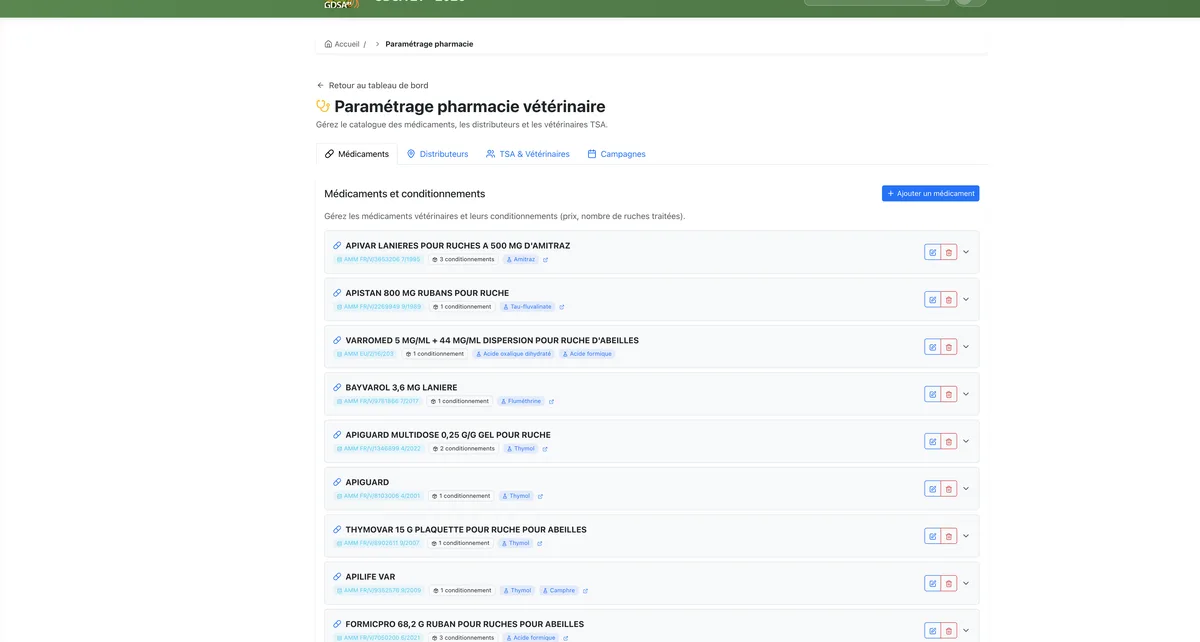 Paramétrage pharmacie vétérinaire — catalogue de médicaments et conditionnements