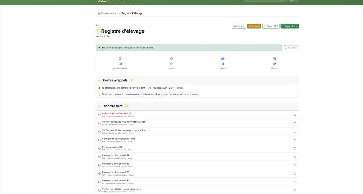 Registre d'élevage — suivi des colonies, alertes varroa et tâches à faire